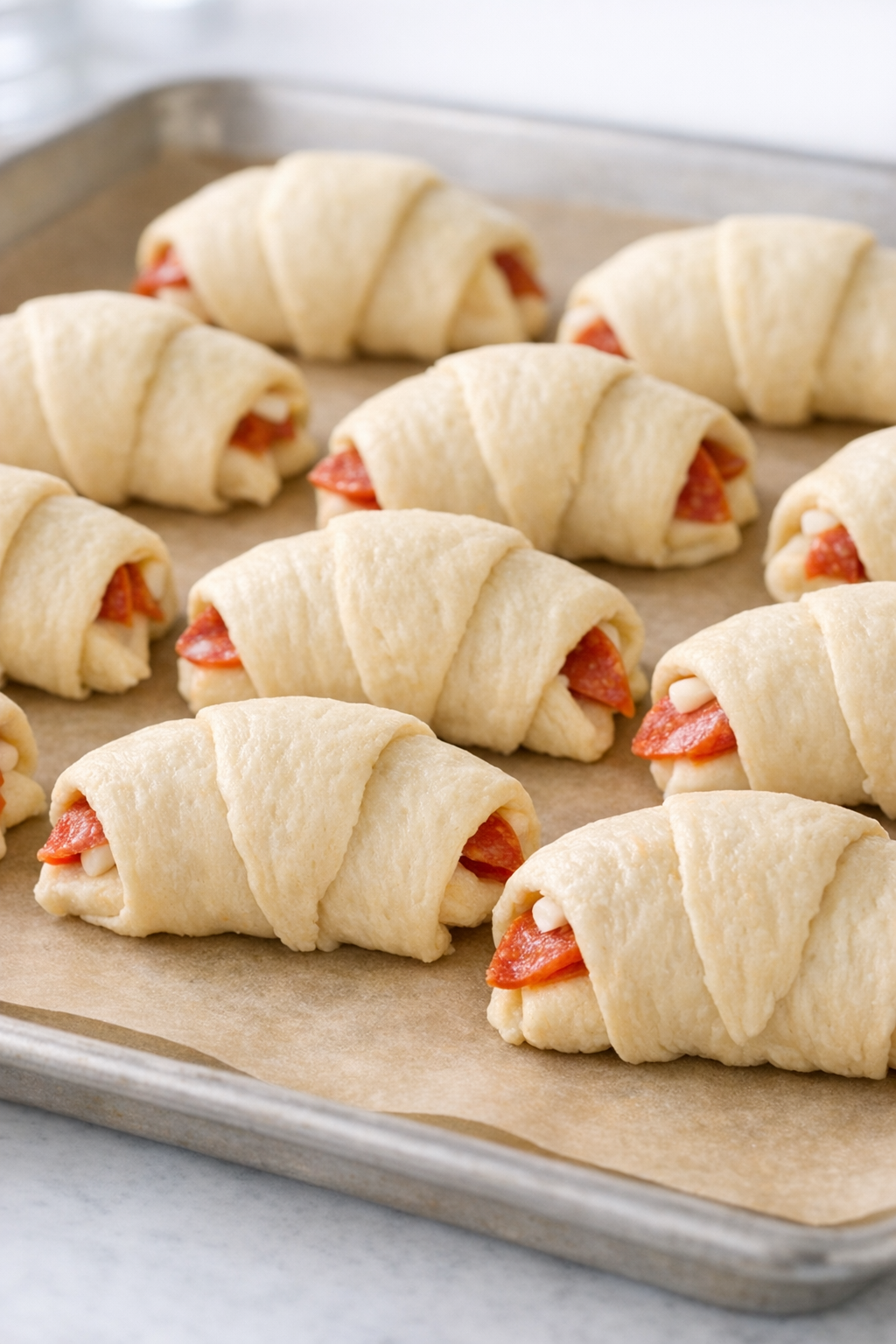 Unbaked pizza rolls arranged on the baking sheet