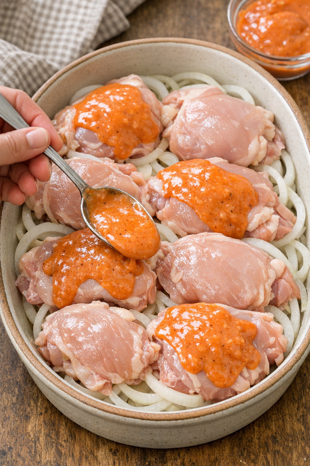 Russian dressing being spooned over chicken thighs in the baking dish