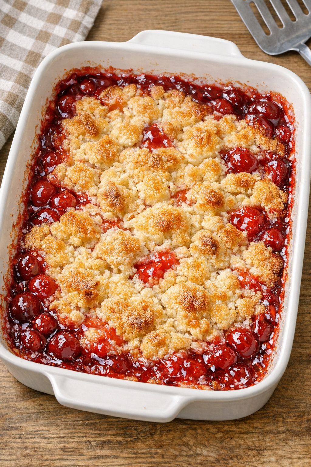 Finished baked cherry dessert in a baking dish