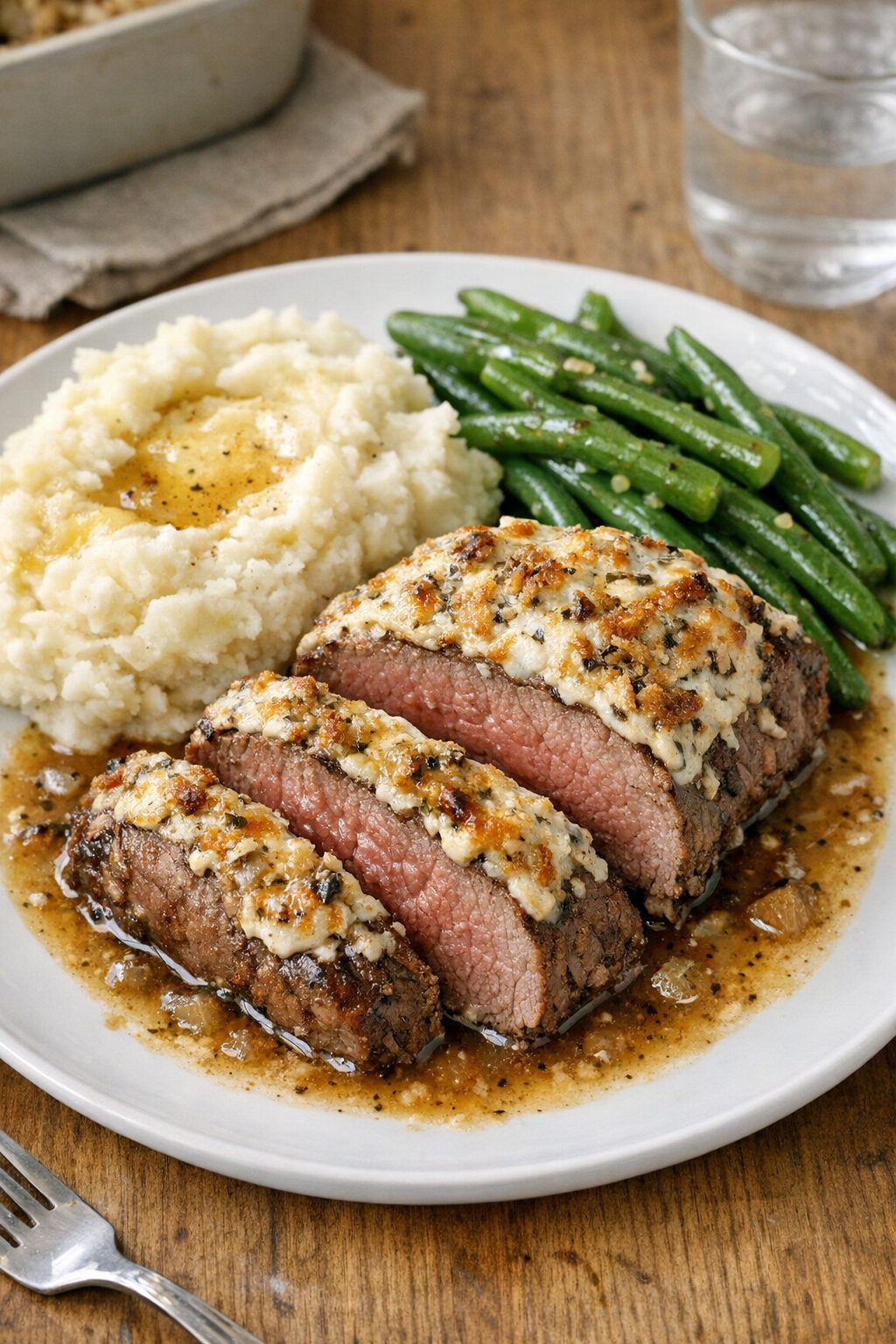Finished sour cream baked beef tenderloin roast sliced and plated