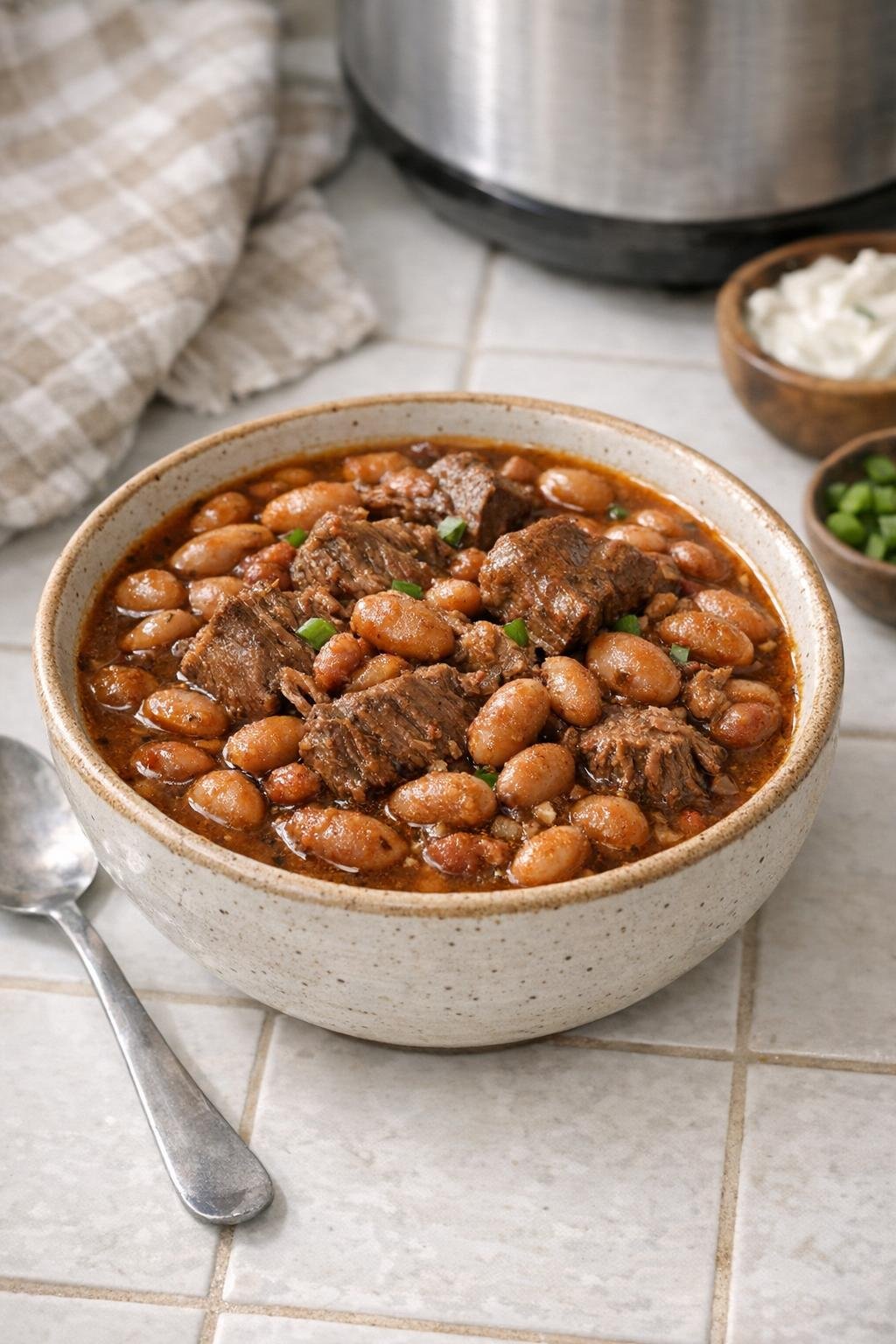 Finished bowl of slow cooker beef and pinto beans