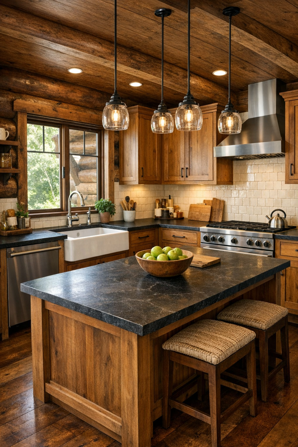 Craftsman-style kitchen with warm wood cabinetry, dark counters, and a central island