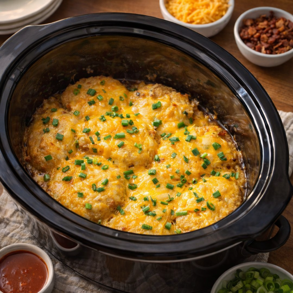 Finished cheesy potatoes with toppings set out for serving