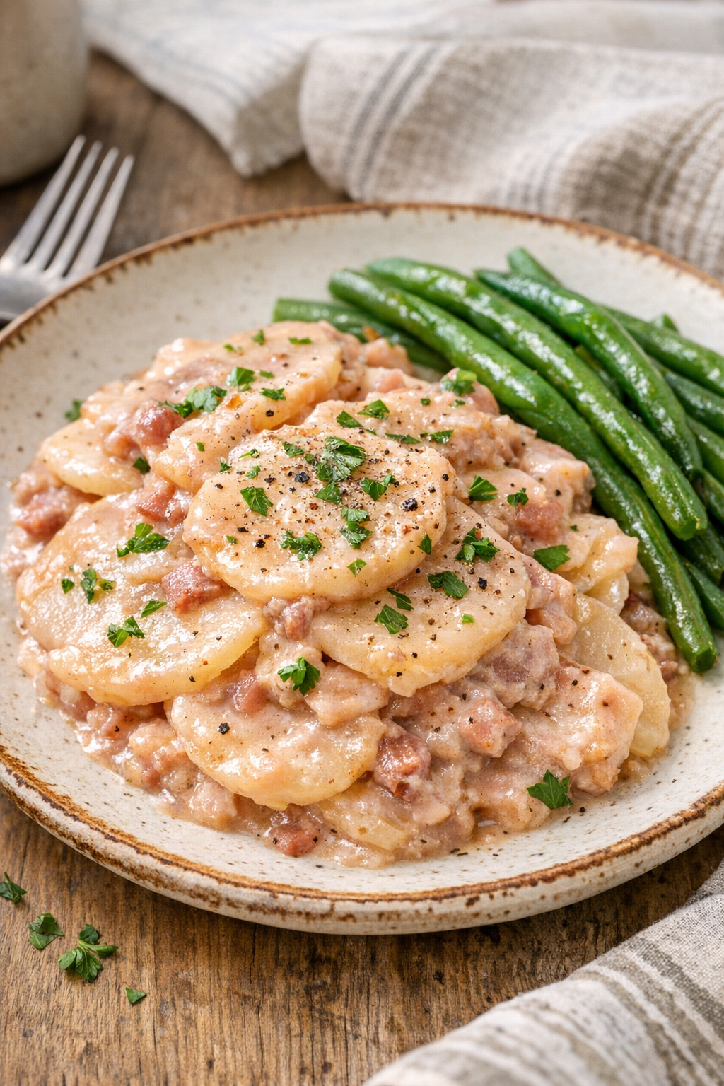 Plated serving of creamy red wine scalloped potatoes with green beans