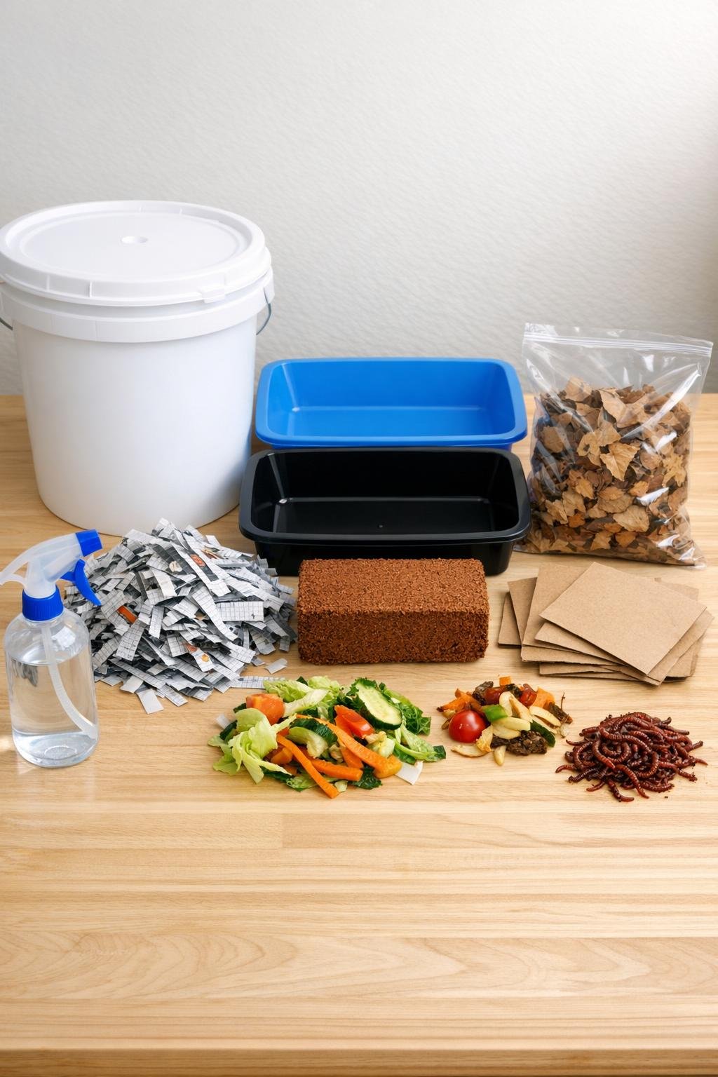 Materials for a 5-gallon bucket worm composting bin laid out together
