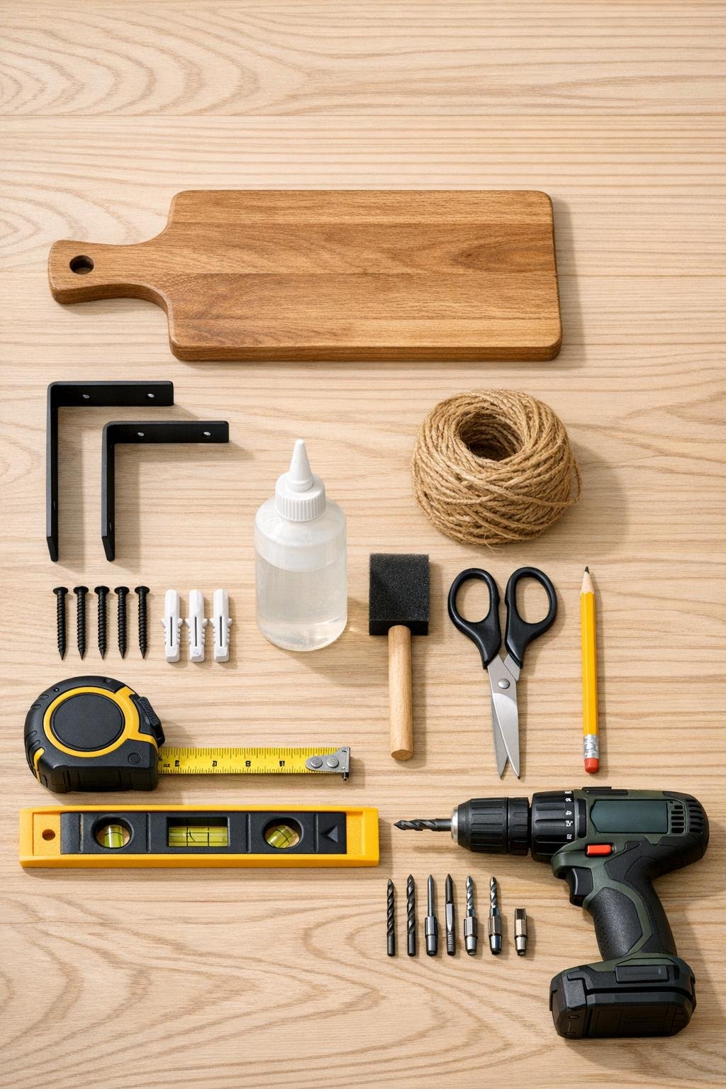 Materials for a jute-wrapped bracket plant shelf laid out on a table