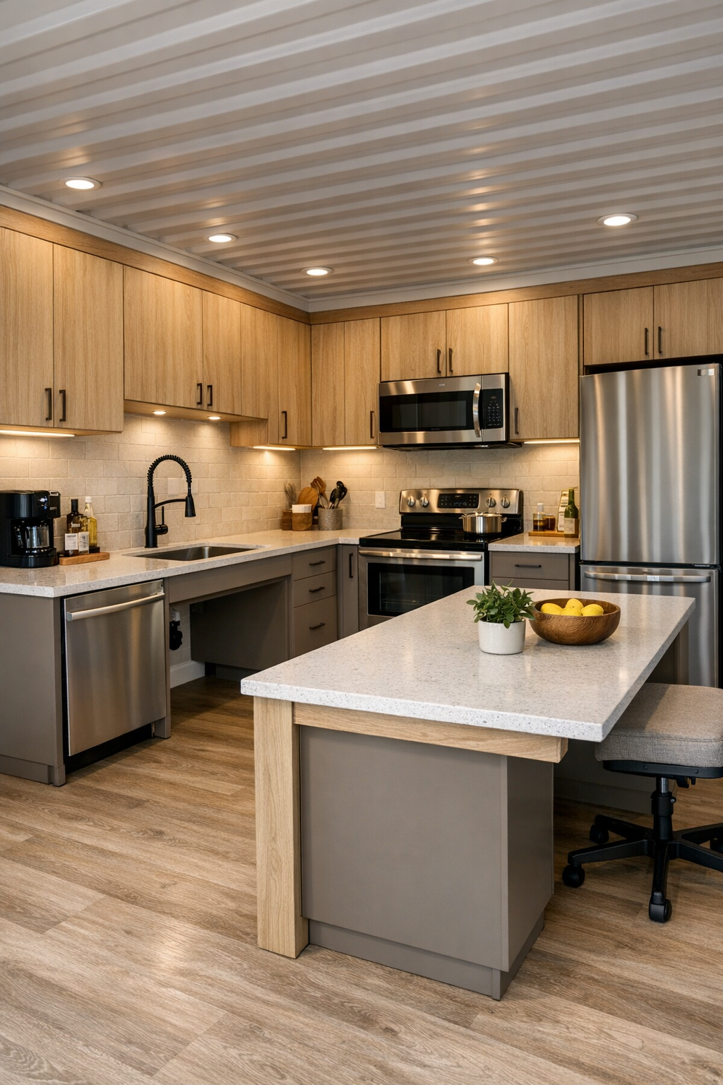 Accessible kitchen with taupe cabinets, light wood uppers, quartz counters, and bright task lighting