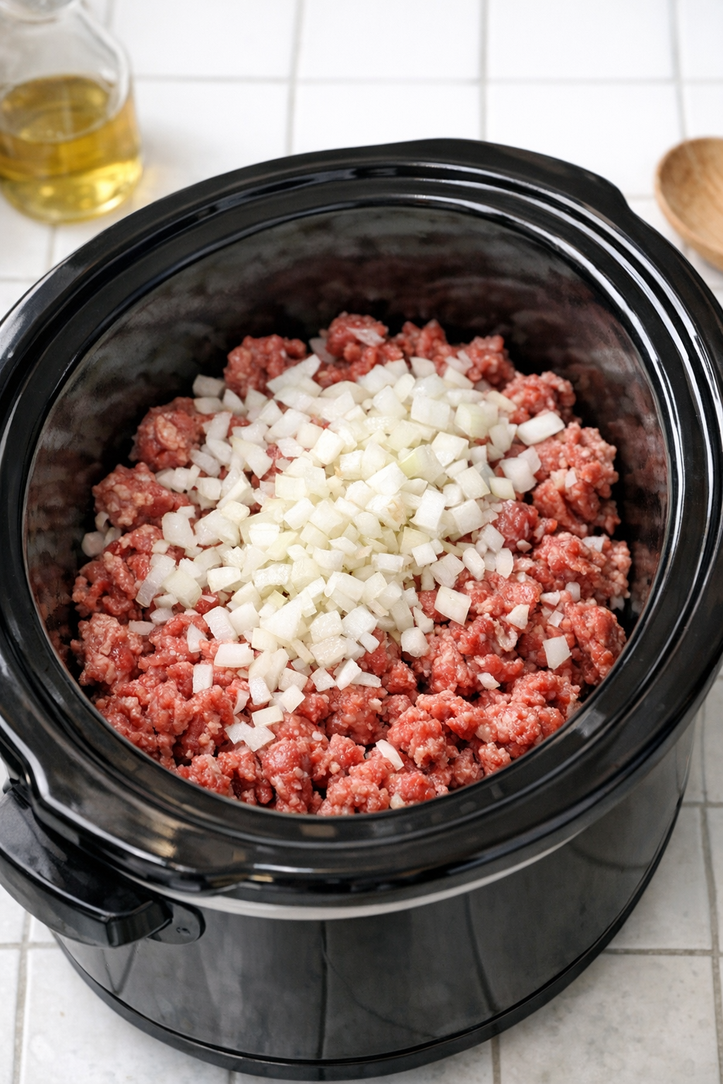 Raw ground beef and chopped onion in a slow cooker