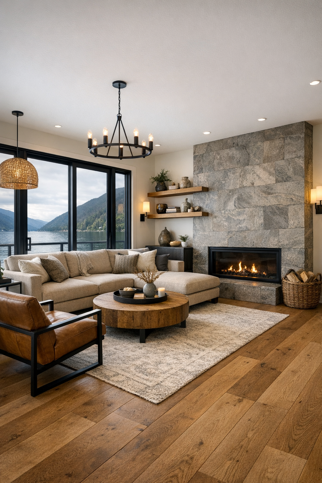 Bright alpine-inspired living room with oak floors, soft neutral seating, and large windows over the water