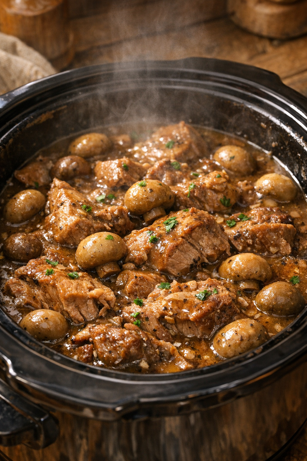 Cooked mushroom pork in slow cooker