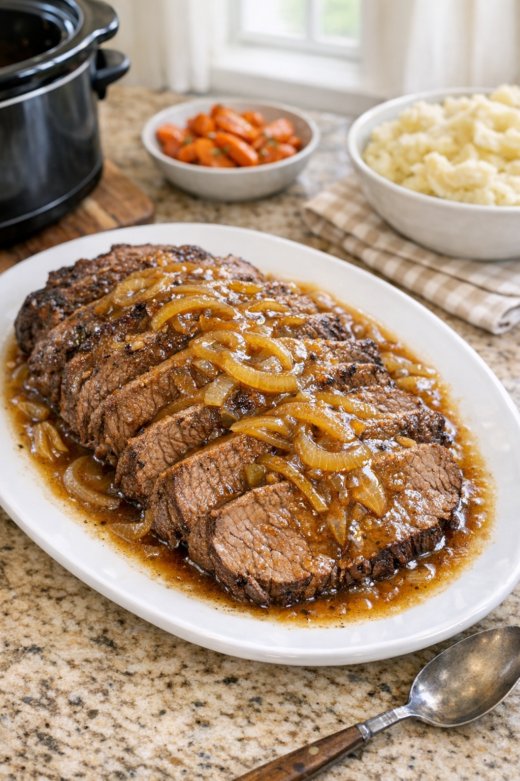 Finished Amish cider beef plated with sauce