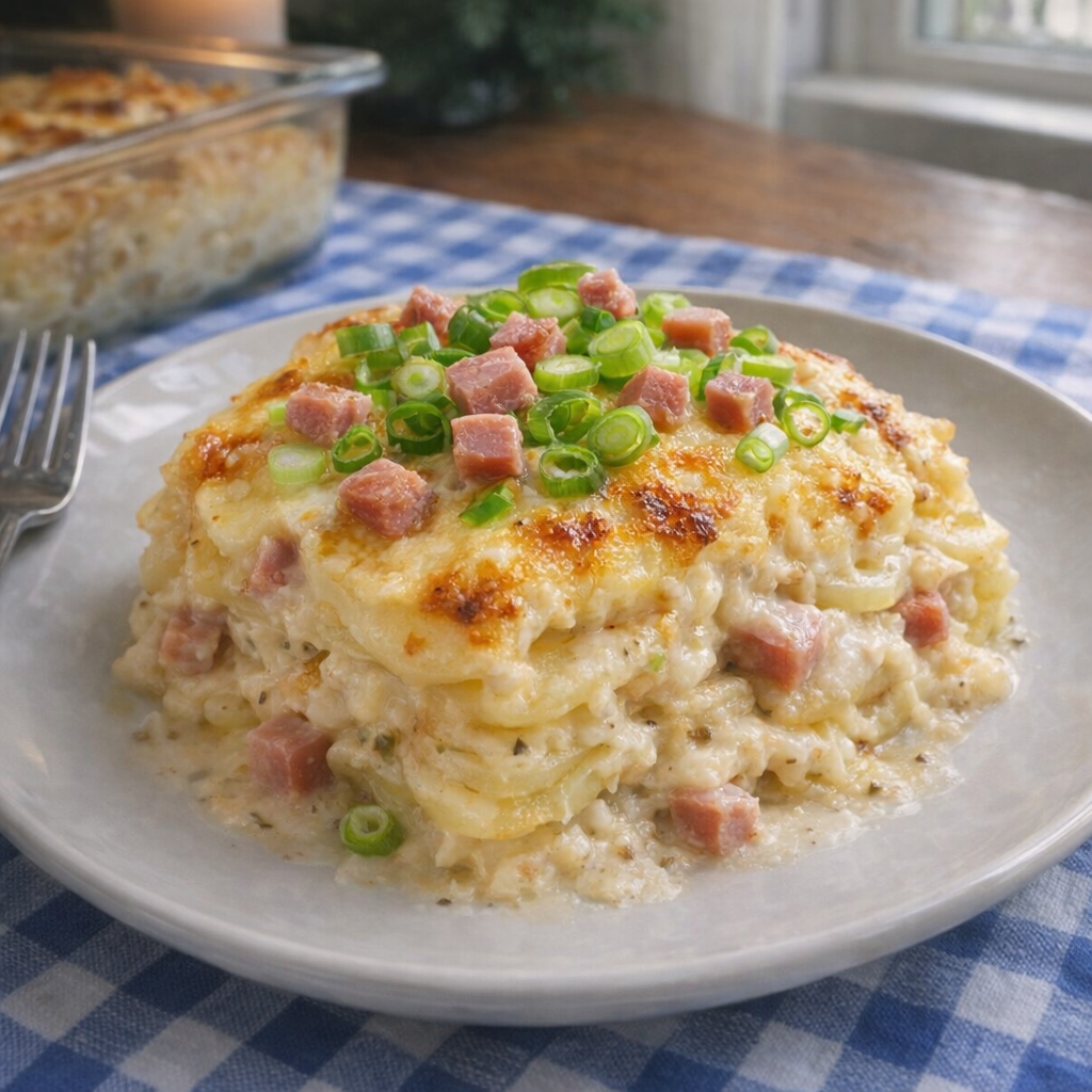 Scalloped potatoes served with ham and green onions