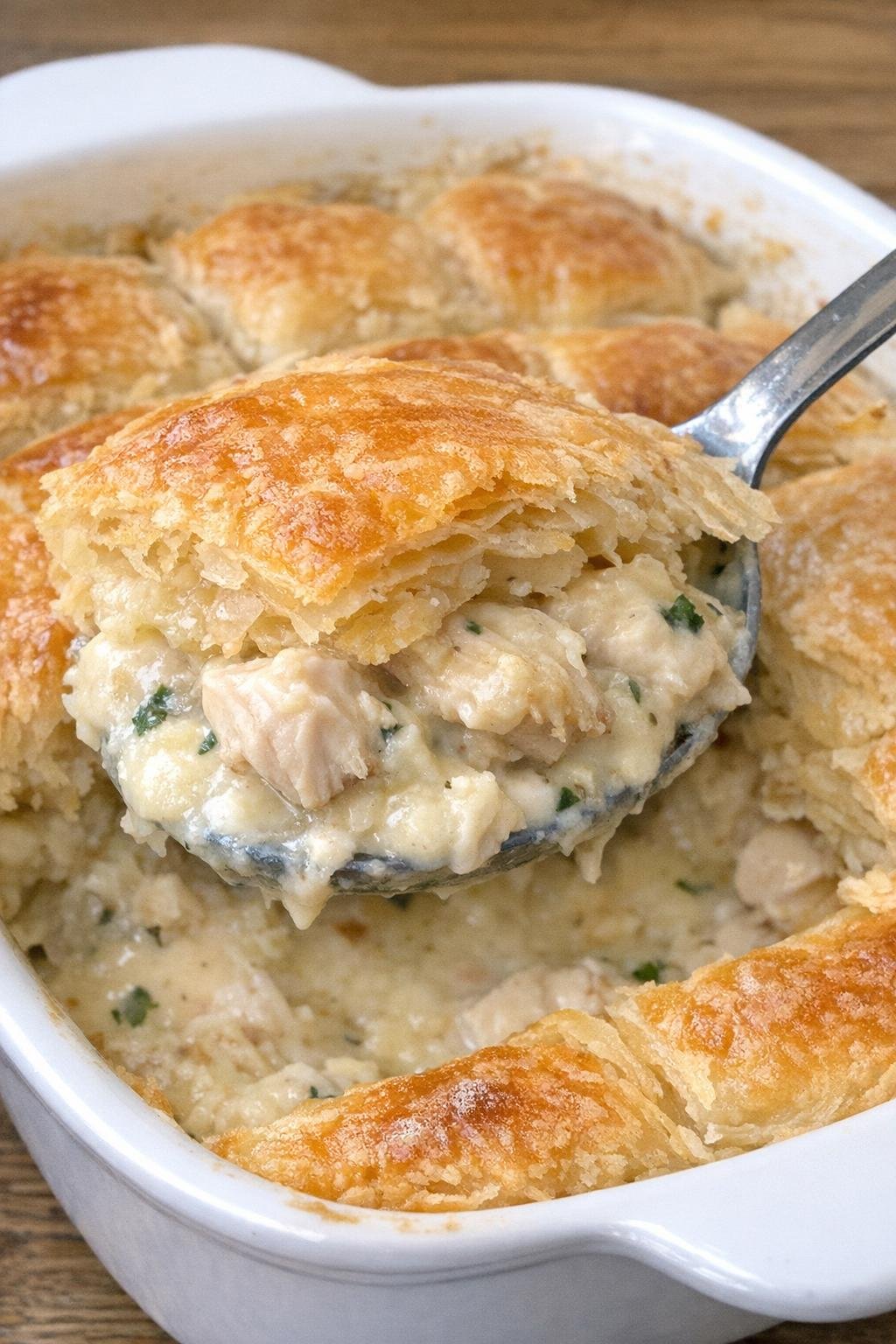 Golden puff pastry topped chicken casserole with creamy filling