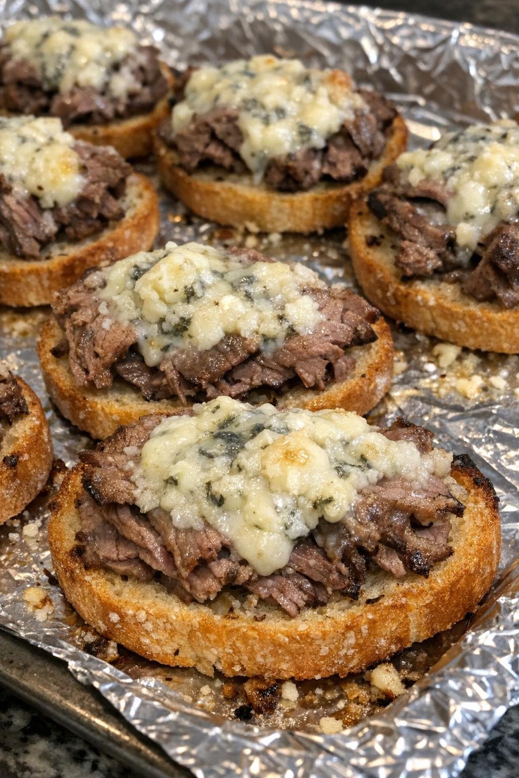 Oven baked beef and gorgonzola crostini on a foil-lined baking sheet