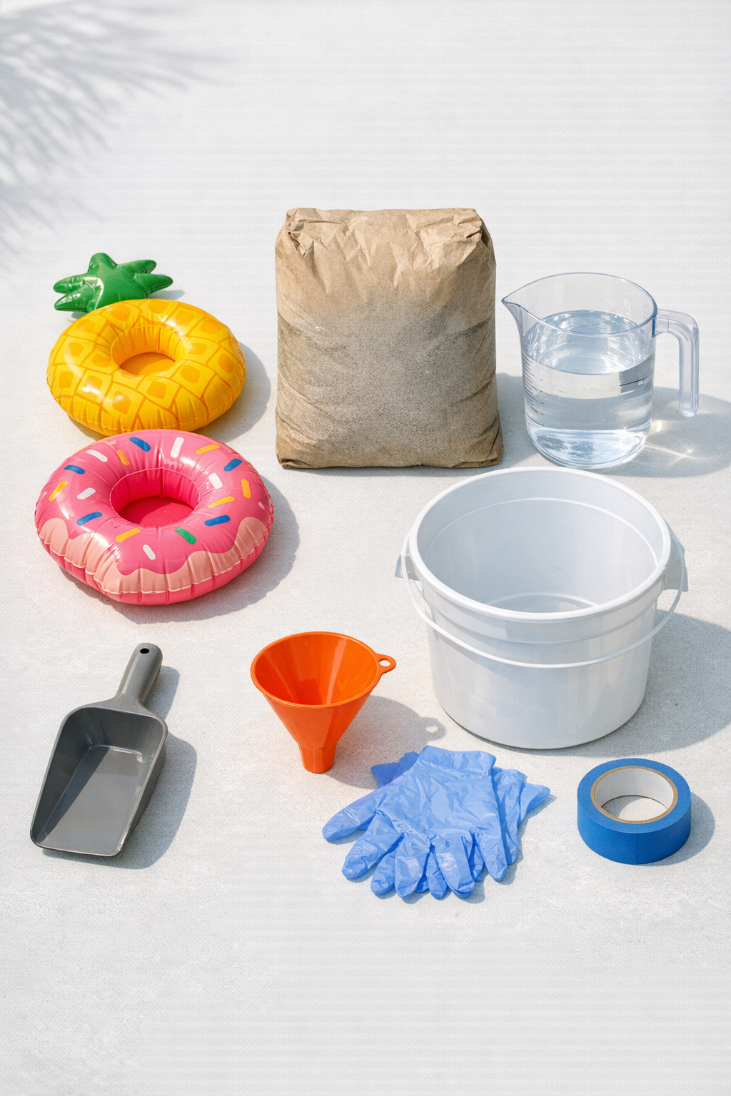 Vinyl drink floats, cement, water, mixing bucket, scoop, gloves, and a funnel laid out for the project