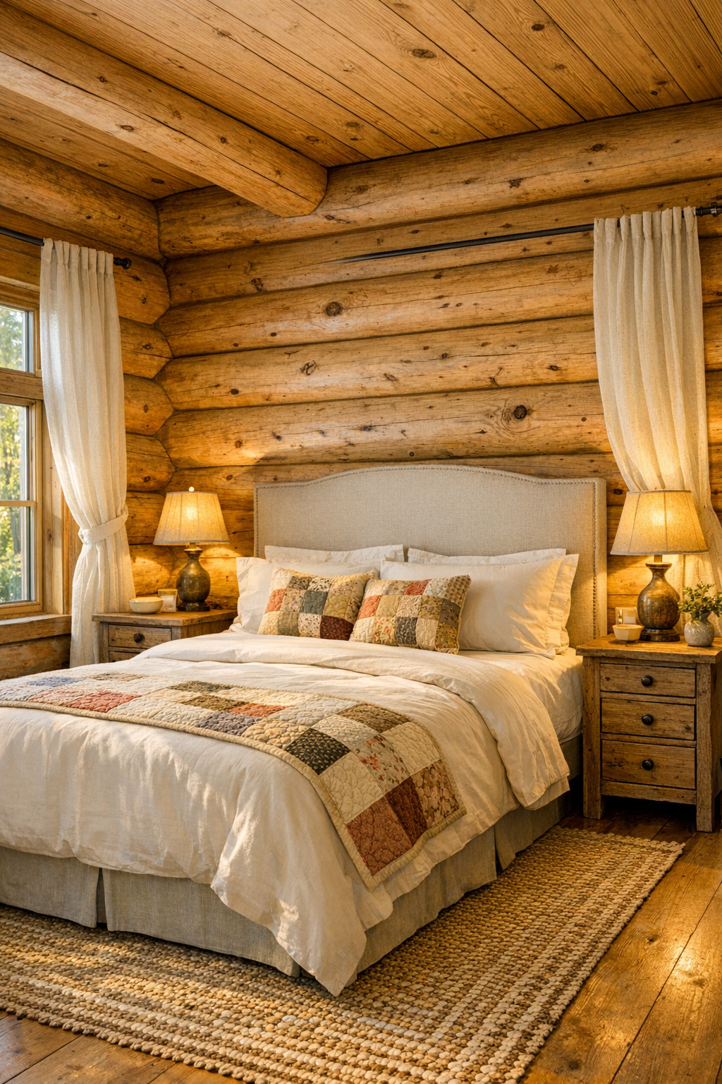 Calm rustic bedroom with log walls, ivory bedding, quilt accents, linen curtains, and warm bedside lighting