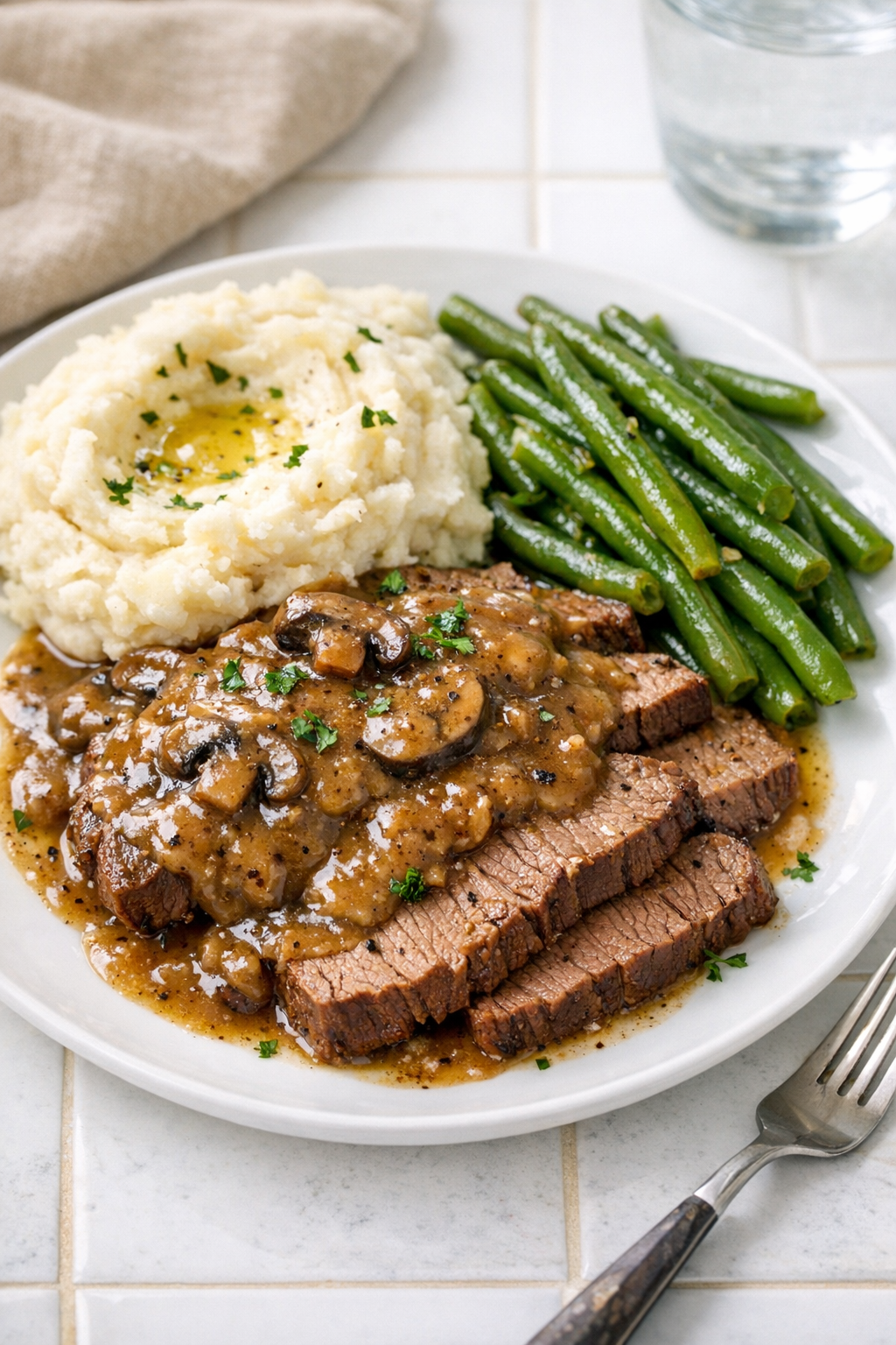 Finished Amish pepper beef plated with gravy