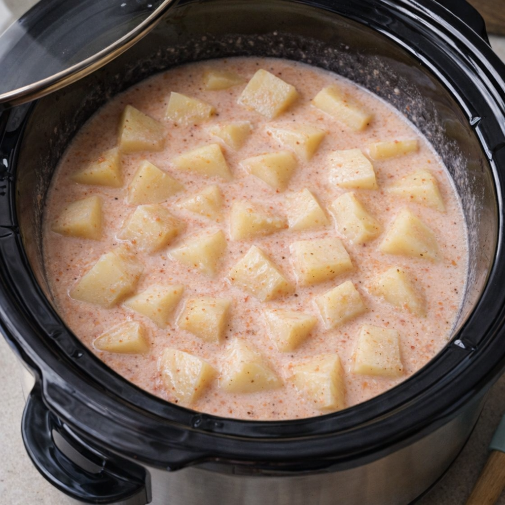 Slow cooker filled with potatoes and tomato mixture