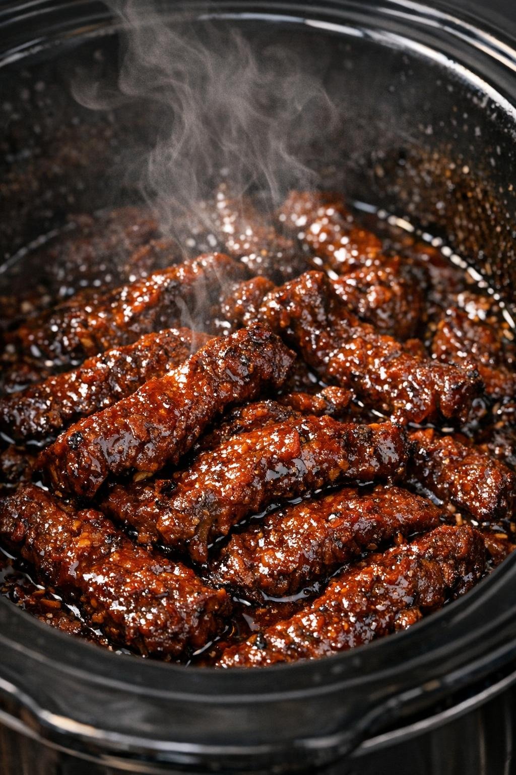 Slow-cooked glazed beef fajita strips in a slow cooker