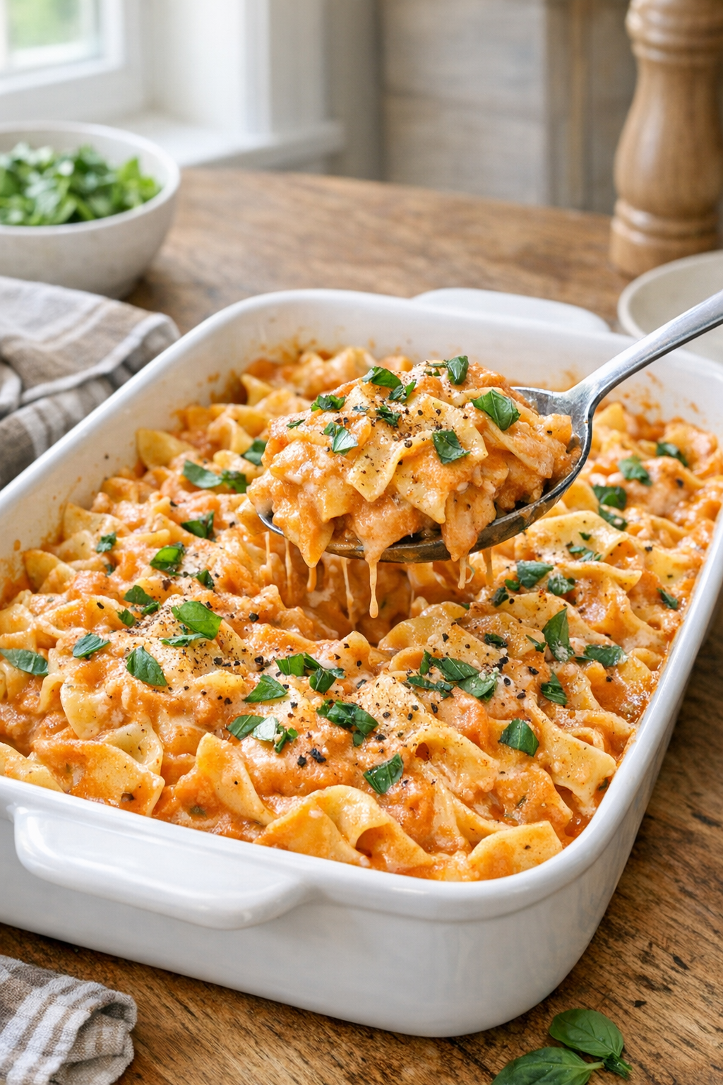 Baked tomato basil cream egg noodles in a white baking dish