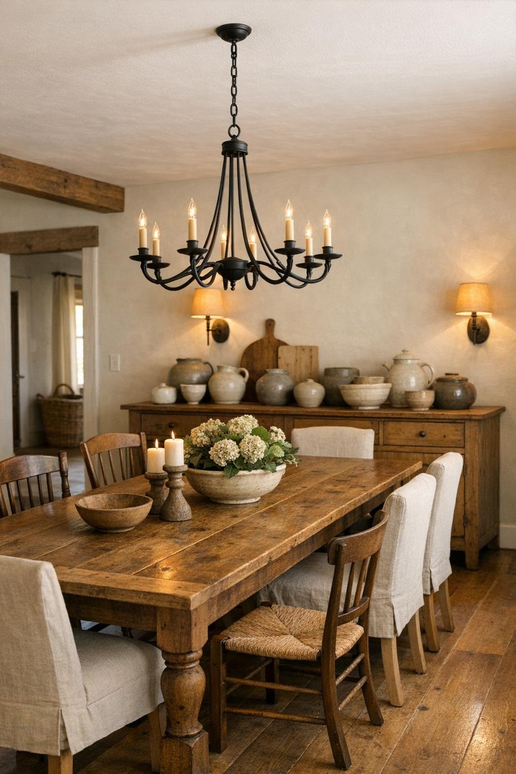Farmhouse dining room with a long wood table, mixed chairs, iron chandelier, and a warm neutral palette