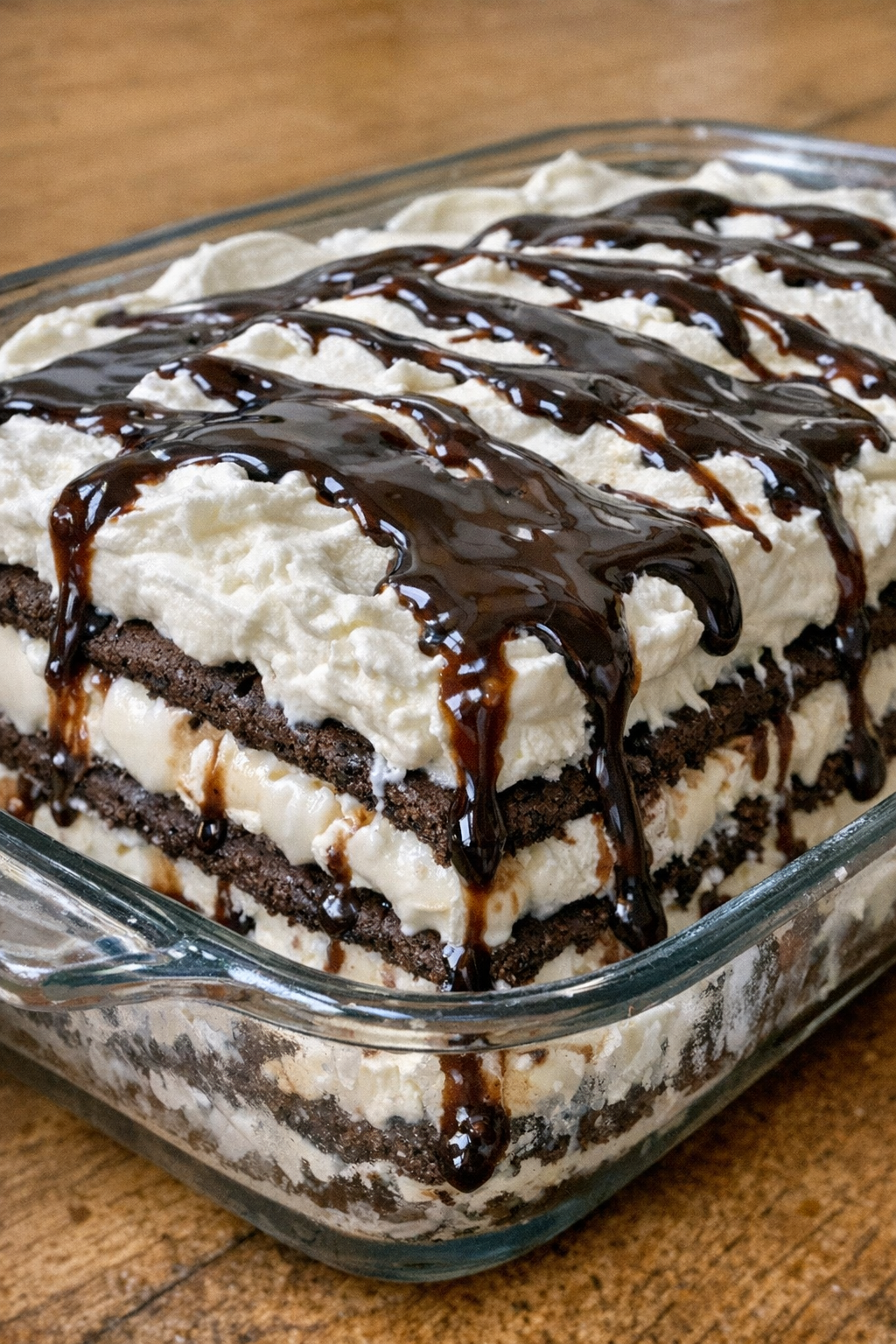 Finished ice cream sandwich cake with whipped topping and chocolate syrup
