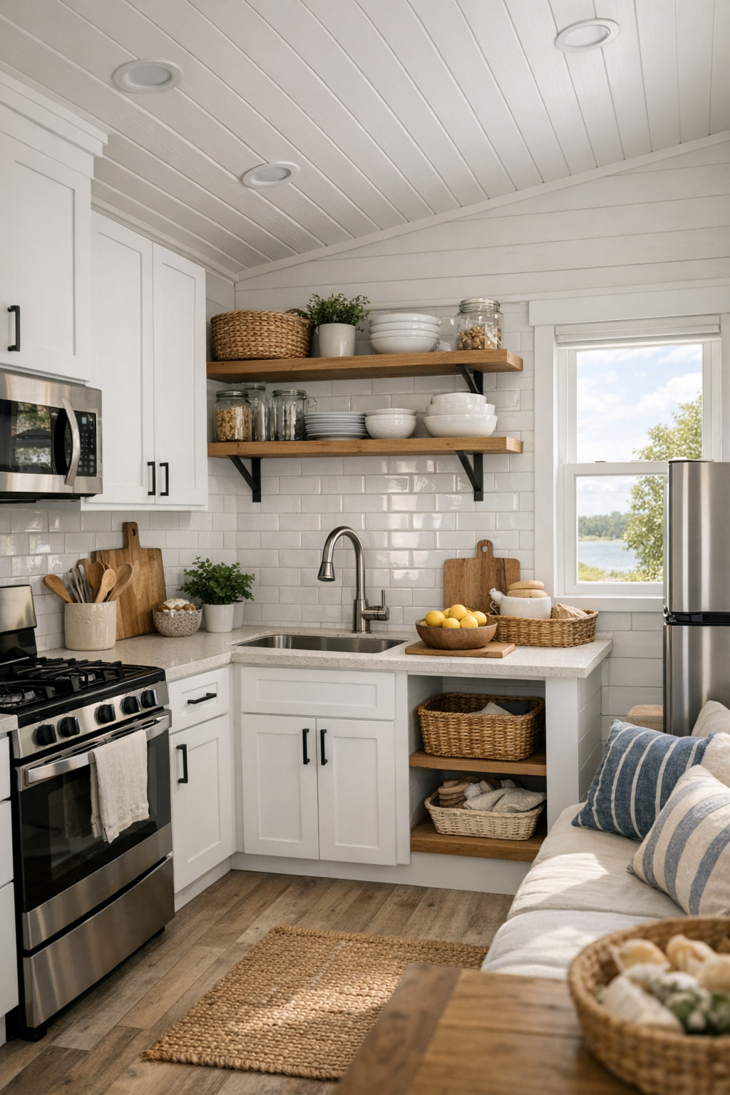 White cottage kitchen with shaker cabinets and light countertops