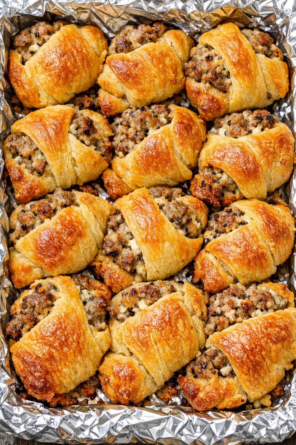 Southern 3-ingredient flaky sausage bites in a foil-lined baking tray