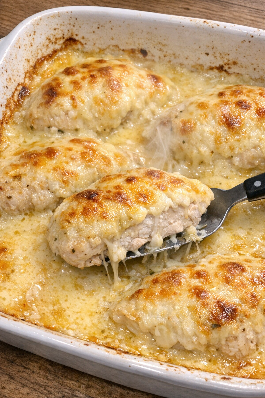 Tender chicken breasts with golden cream sauce and melted cheese in a baking dish