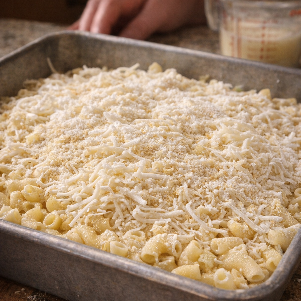 Layered dry macaroni and cheese in a baking dish before adding dressing
