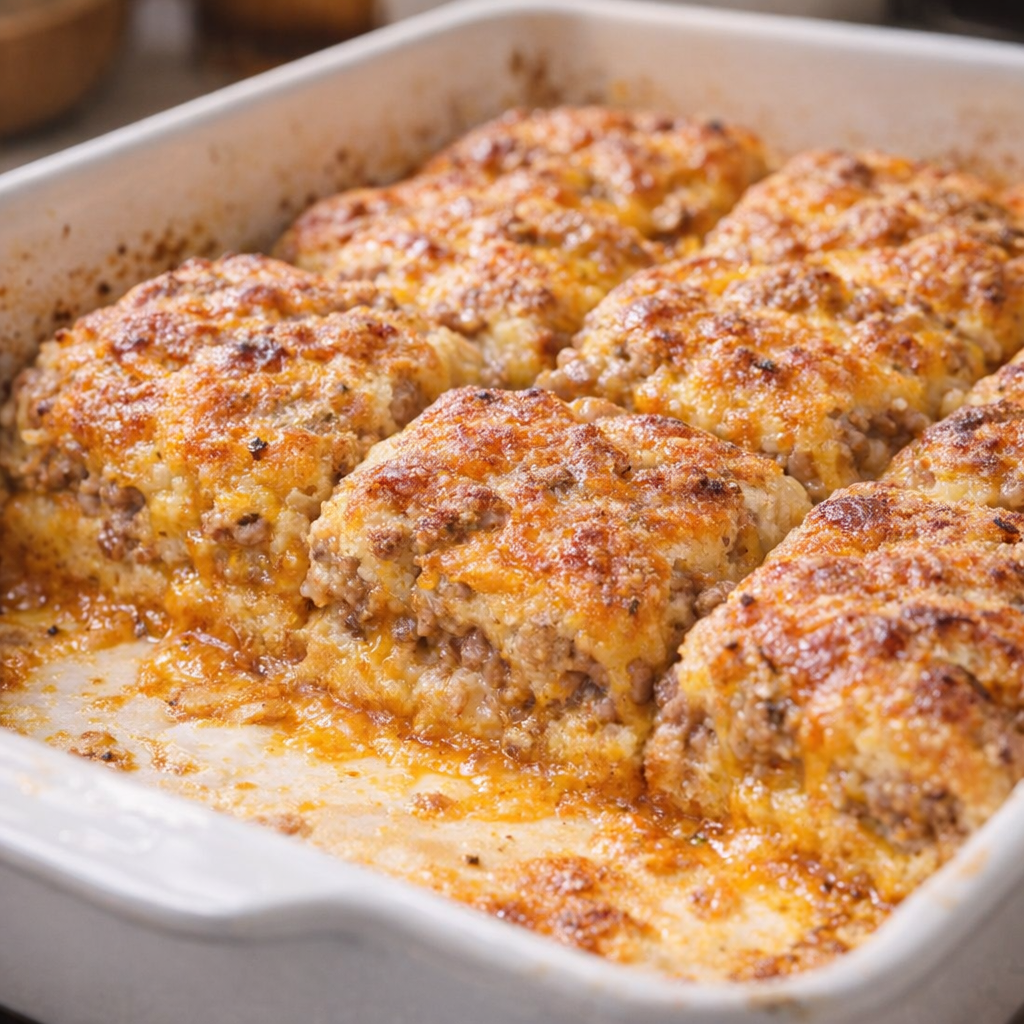 Freshly baked sausage squares in the pan
