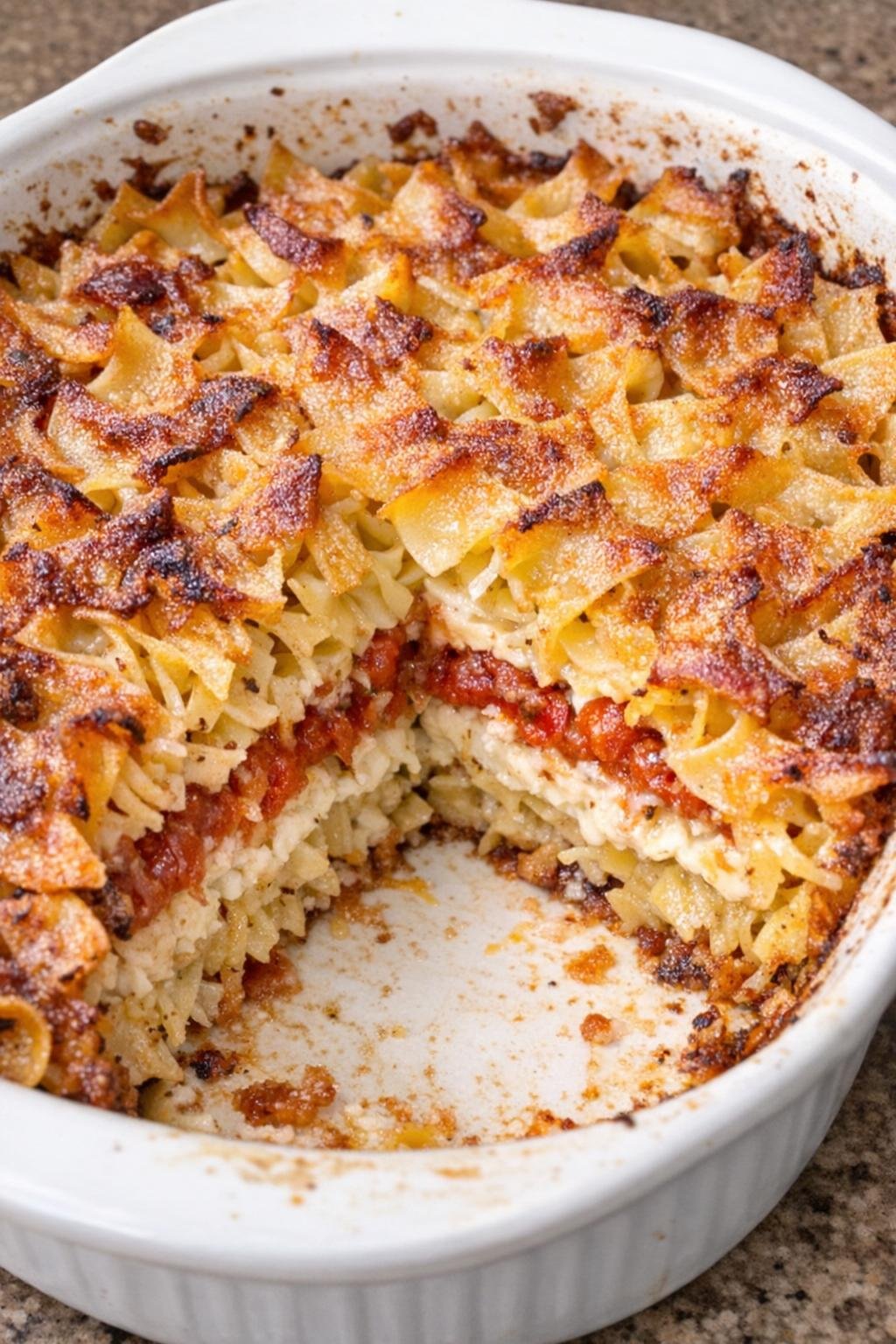 Golden layered noodle casserole with a slice removed