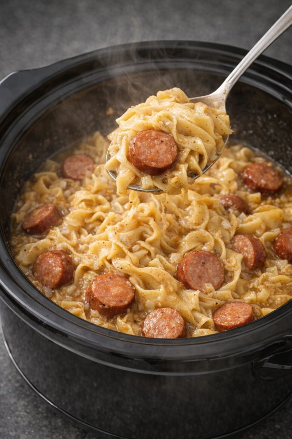 Tender egg noodles and kielbasa finished in a creamy slow cooker sauce