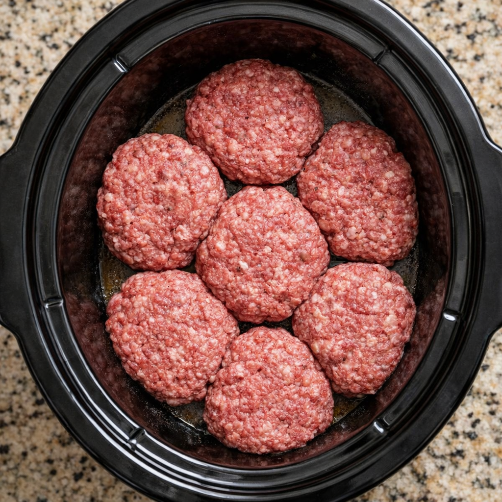 Ground beef patties arranged in a slow cooker