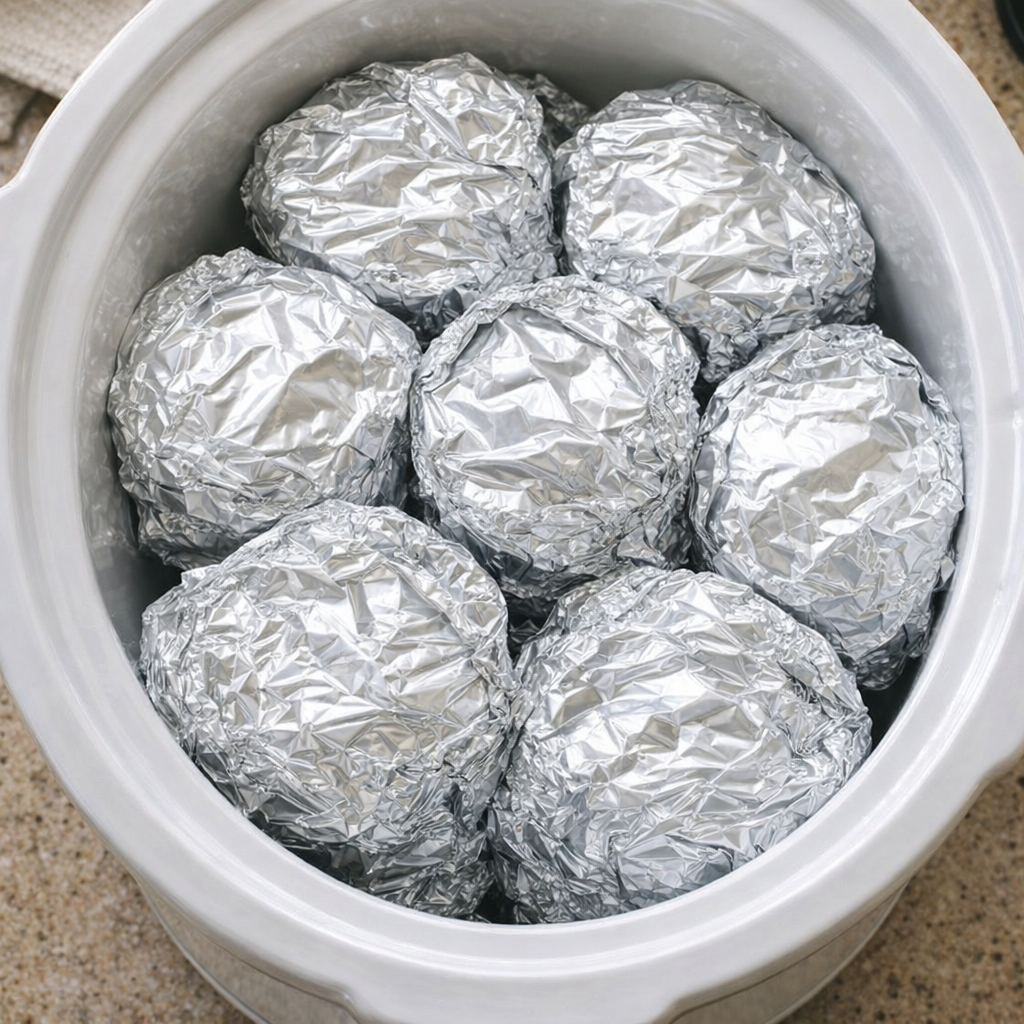 Foil packets arranged inside a slow cooker
