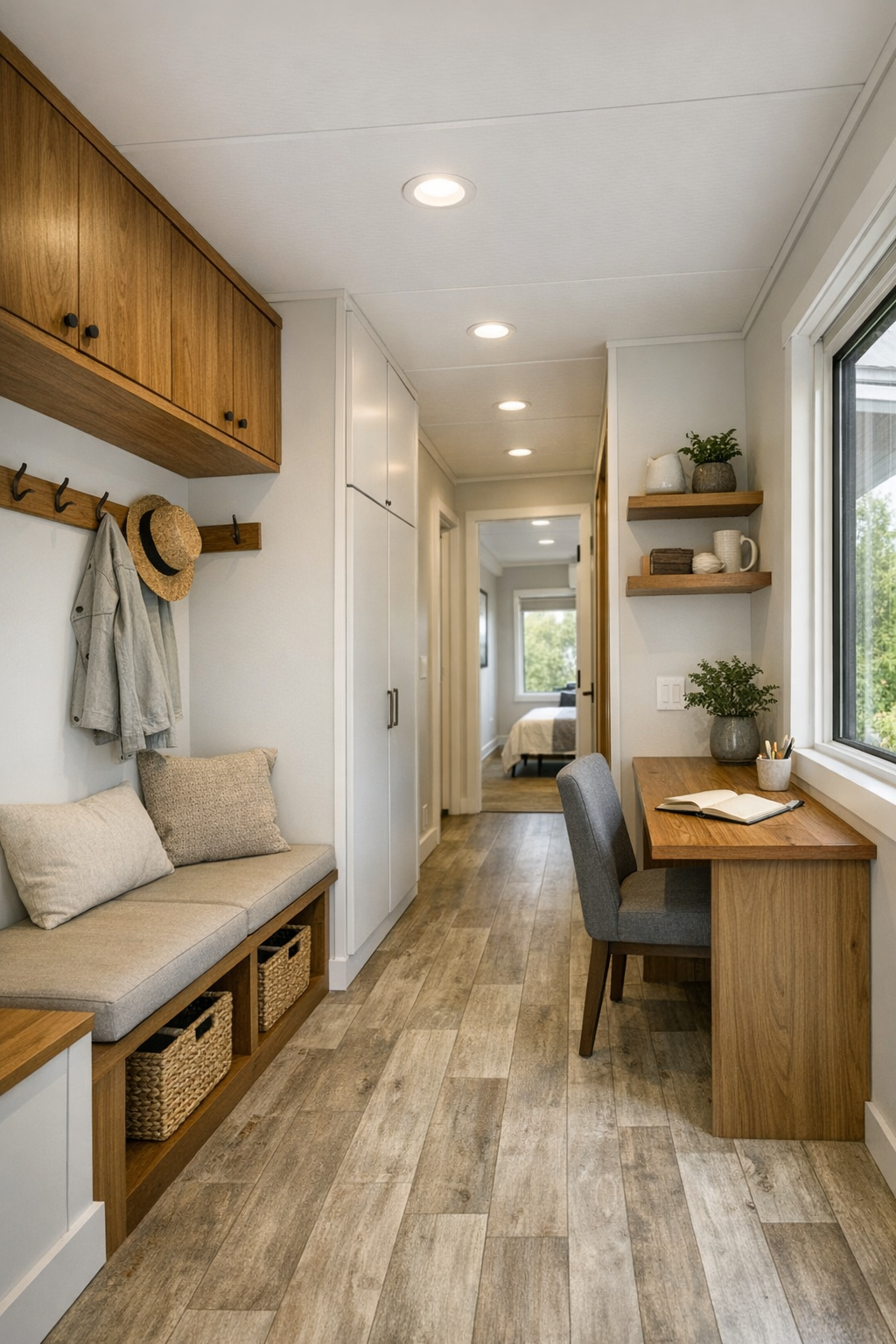 Functional entry and hallway area with built-in storage and a small work nook in an accessible container home