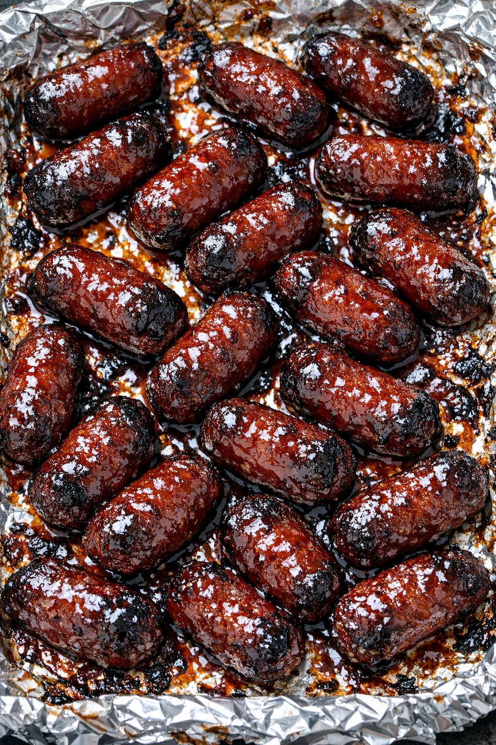 Low carb 3-ingredient BBQ sausage bites on a foil-lined tray