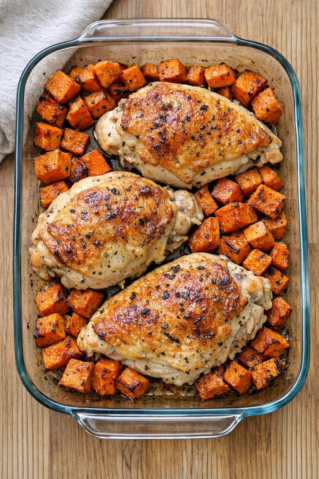 Finished roasted bone-in chicken breasts in a glass baking dish
