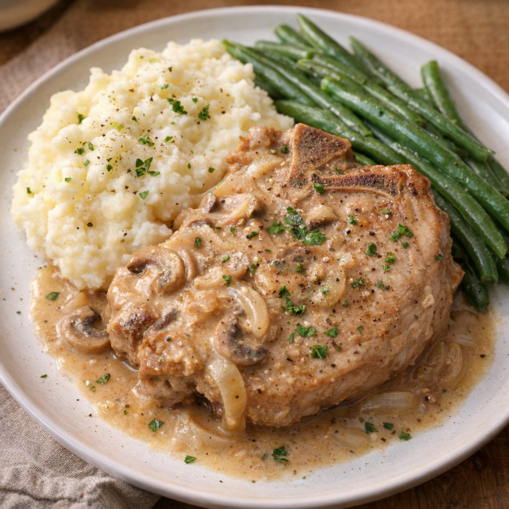 Slow cooker pork chops plated with mashed potatoes and green beans