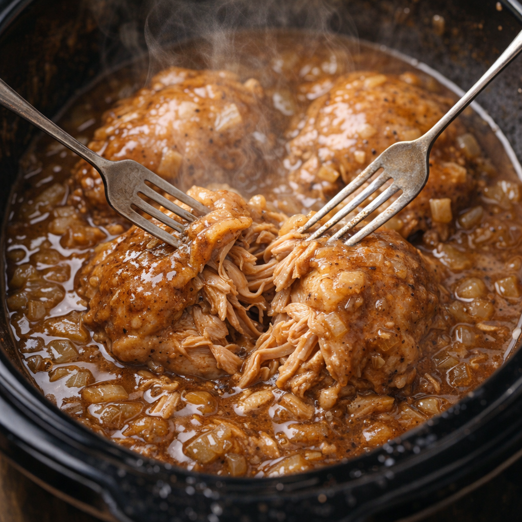 Tender cooked chicken being shredded in the slow cooker