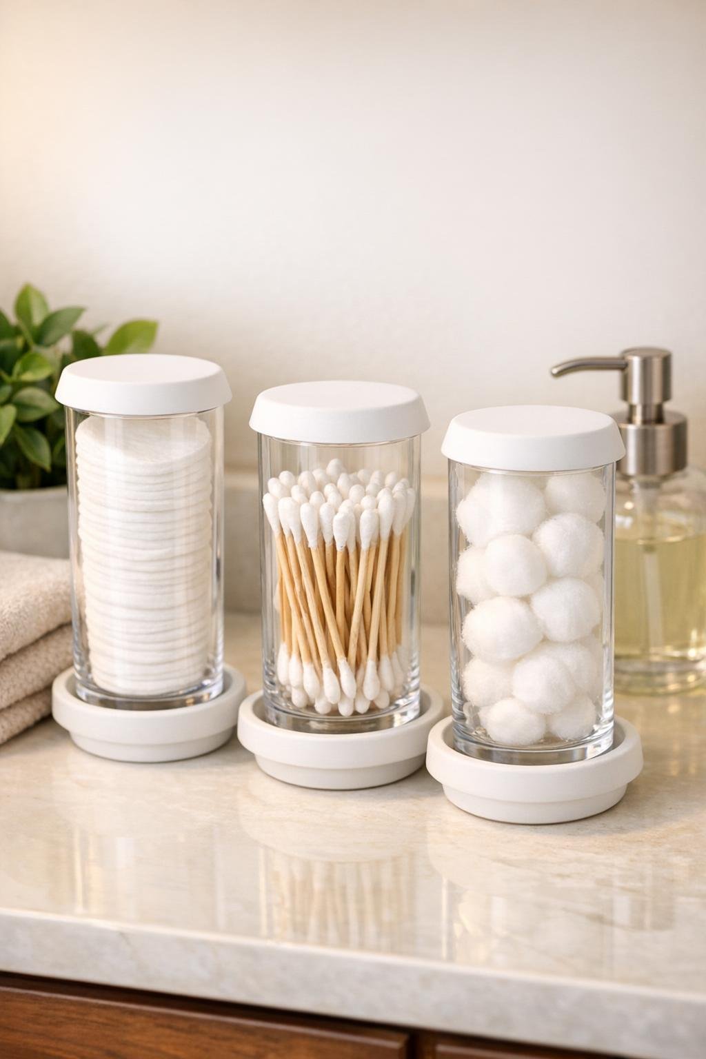 Finished acrylic tumbler cotton storage with white saucer lids on bathroom vanity