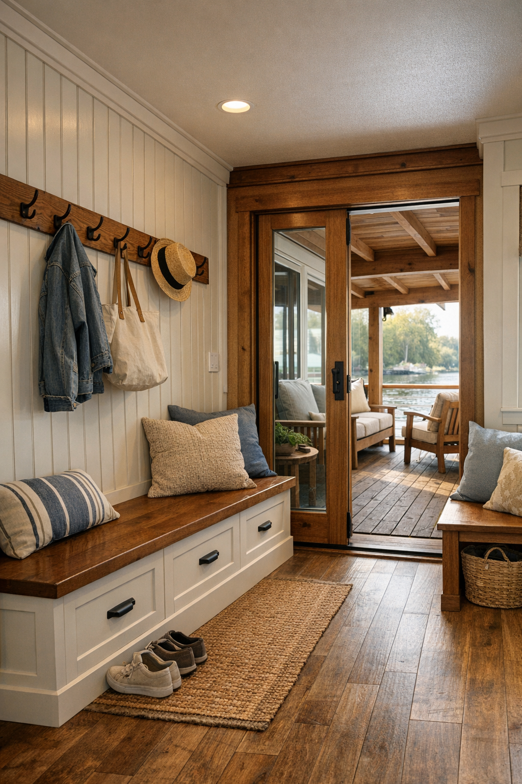 Craftsman houseboat entry and covered deck with built-ins and seating