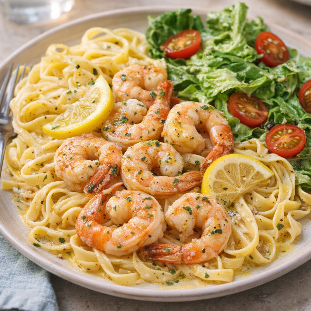 Family-style plate of baked shrimp with noodles and salad