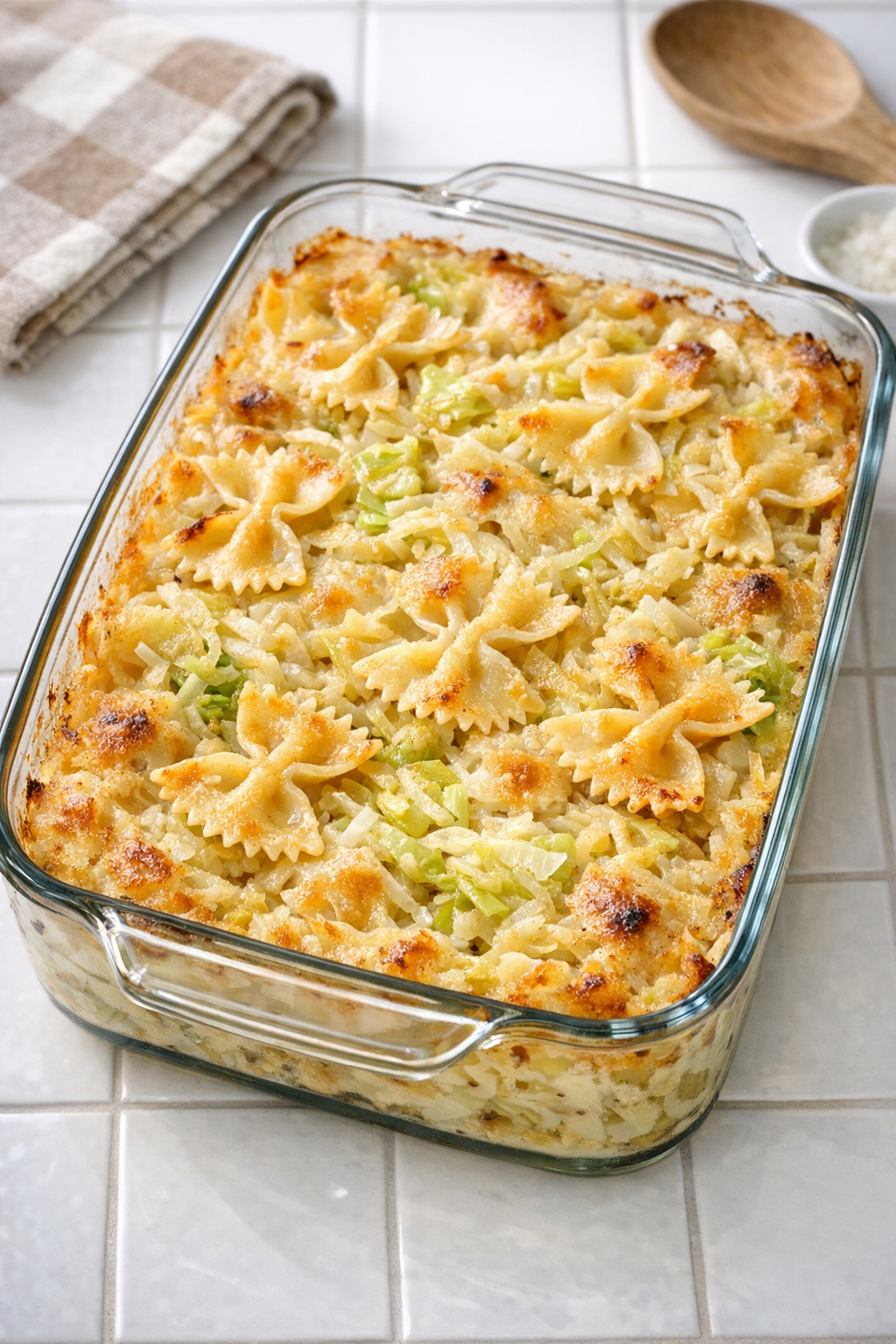 Finished Amish cabbage noodle bake in a glass casserole dish