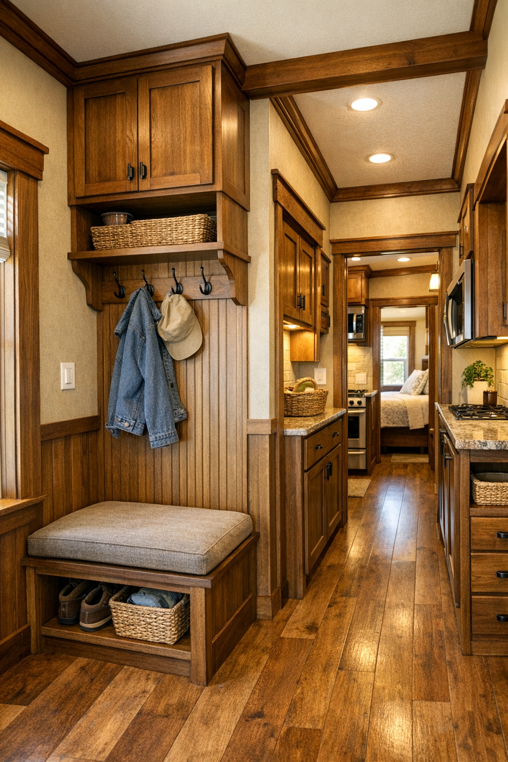 Thoughtful built-in storage and entry details in a compact craftsman interior