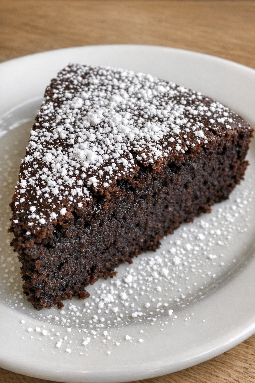 Chocolate wacky cake on a white plate