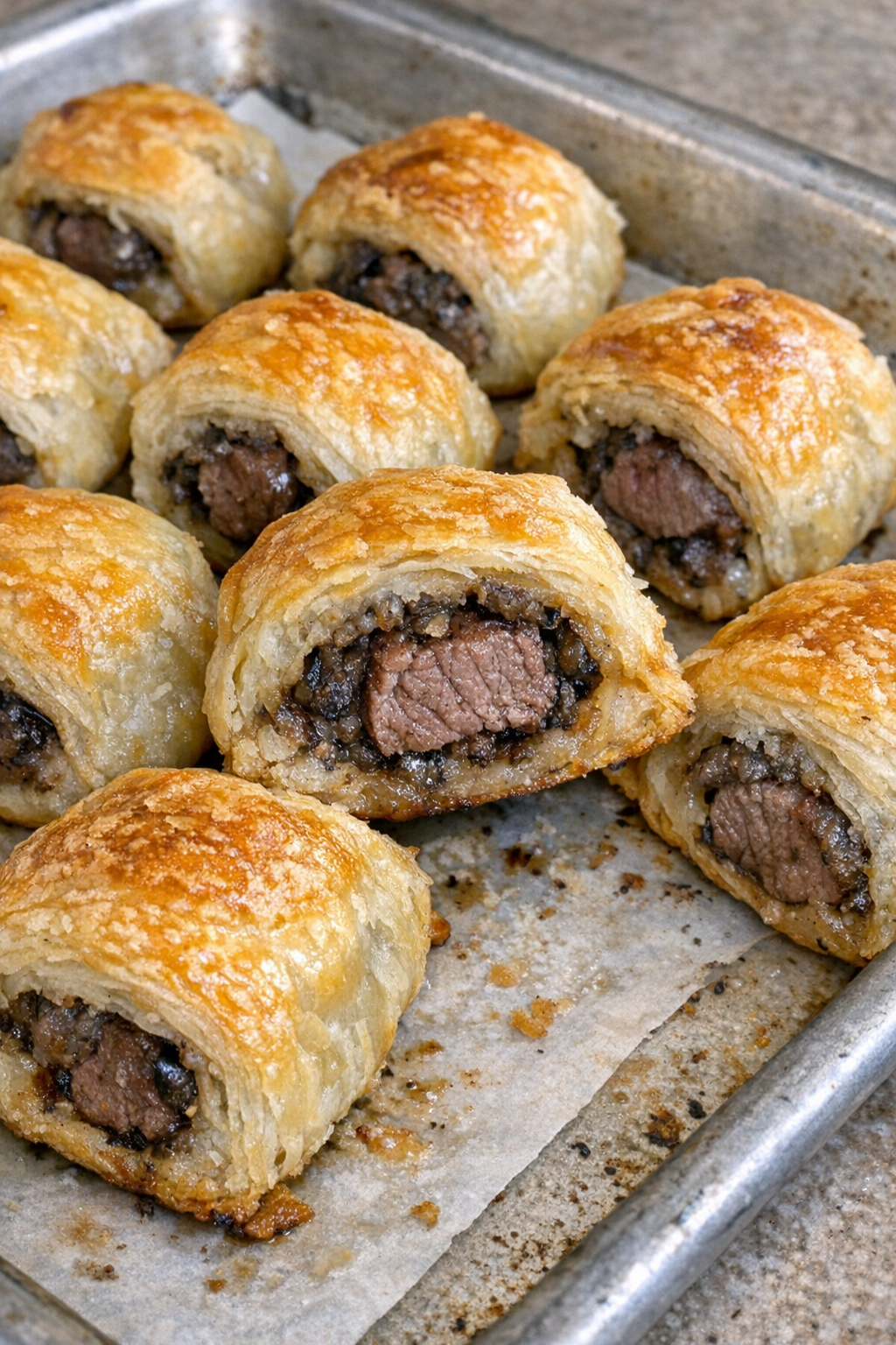Close up of baked beef wellington bites