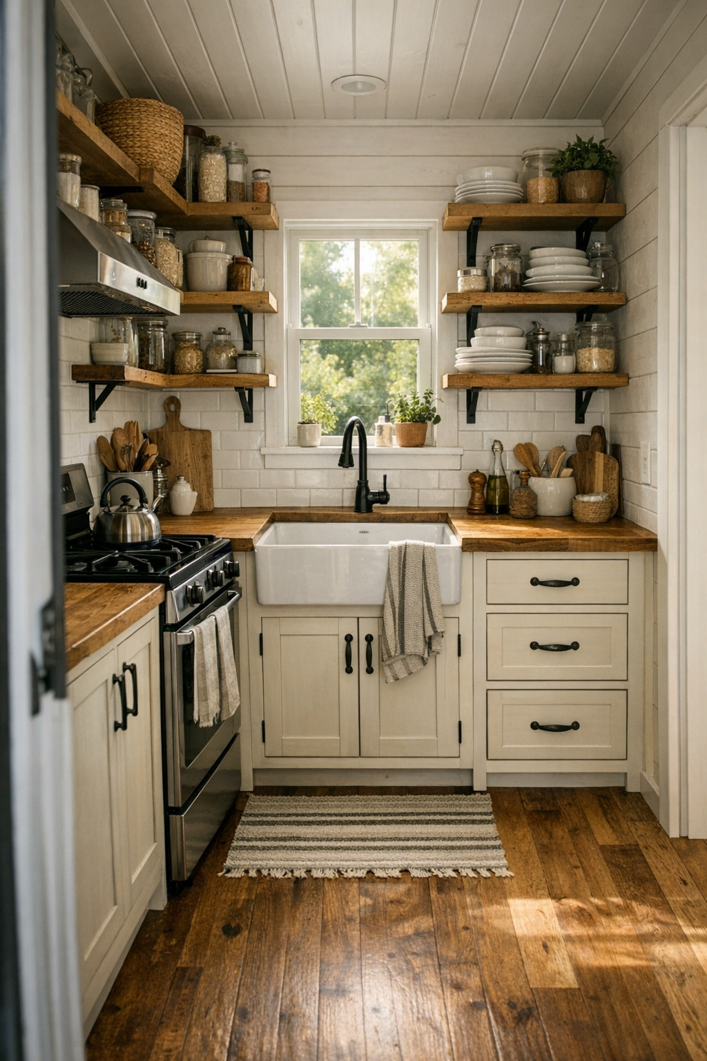 Farmhouse kitchen with handcrafted cabinets, butcher block counters, and a farmhouse sink