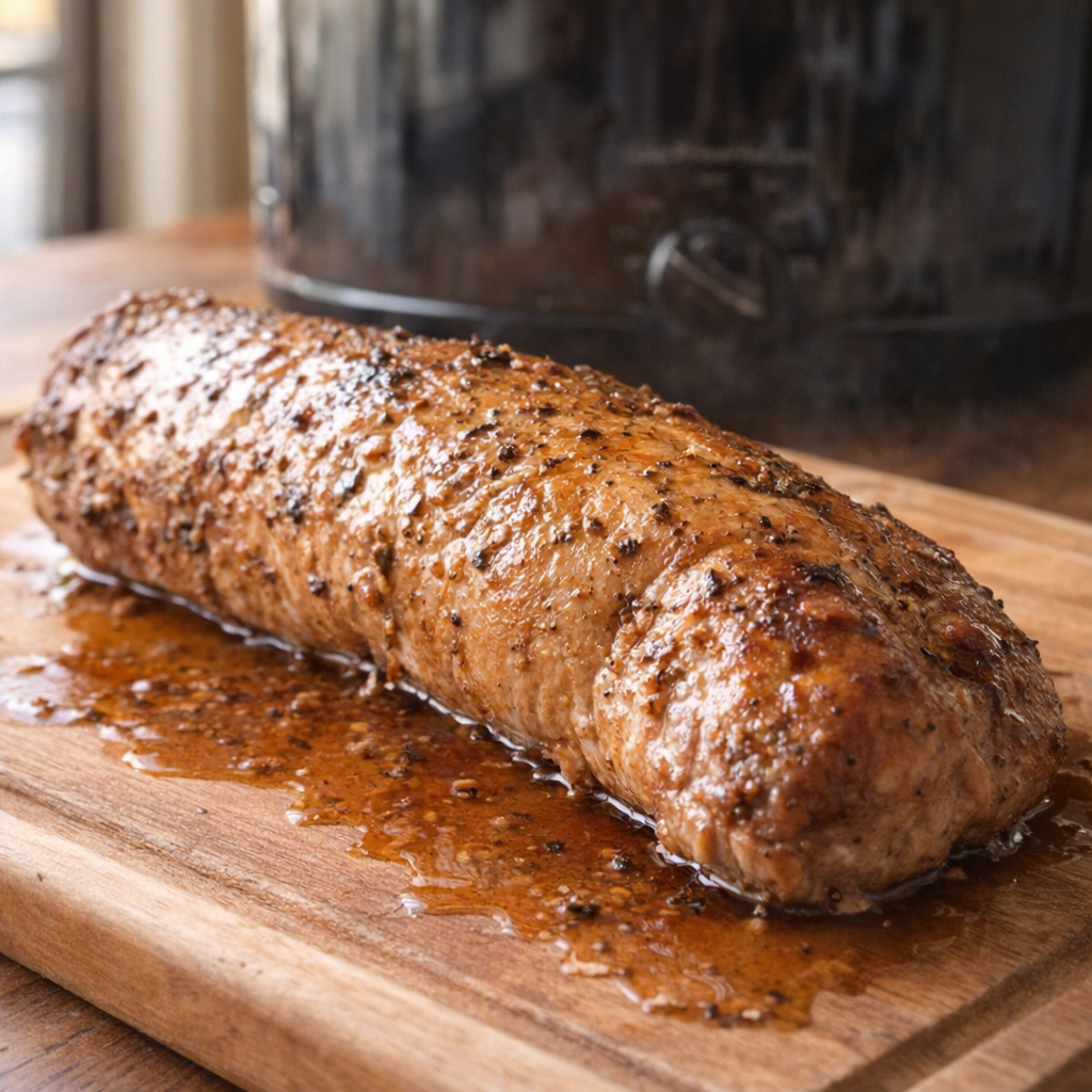 Cooked pork tenderloin resting on a cutting board