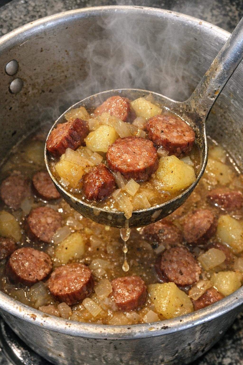 Sausage Mercer in a dented pot with ladle